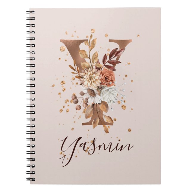 Copper Autumn Floral Letter Y Fall Flowers Notebook (Front)