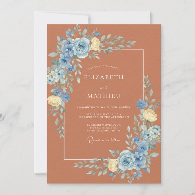 Copper Azure Ranunculus Eucalyptus Wedding Invitation (Front)