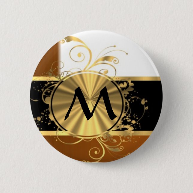 Copper black and gold monogram 6 cm round badge (Front)