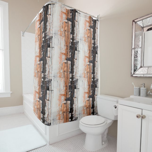 Copper, Black and White Abstract Dripping Paint Shower Curtain (In Situ)