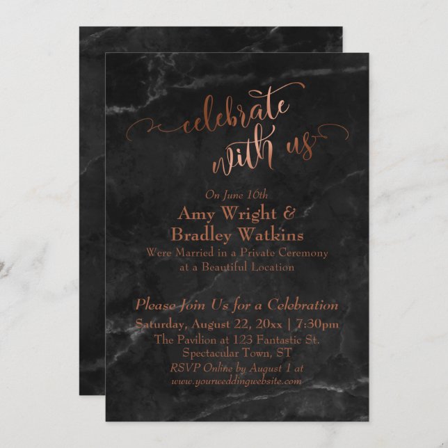 Copper Black Marble Celebrate with Us Reception Invitation (Front/Back)