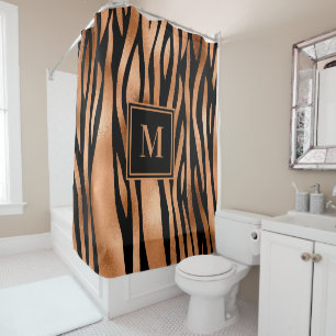 Copper Black Zebra Stripes Monogram Bathroom Shower Curtain