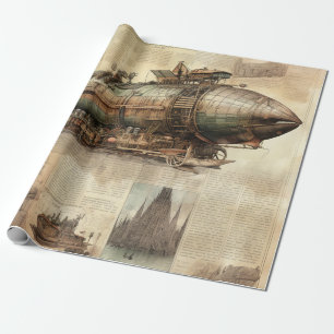 Copper Blue Grey Steampunk Airship Vintage Art Wrapping Paper