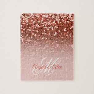 Copper Blush Confetti Glitter Ombre Monogram Jigsaw Puzzle