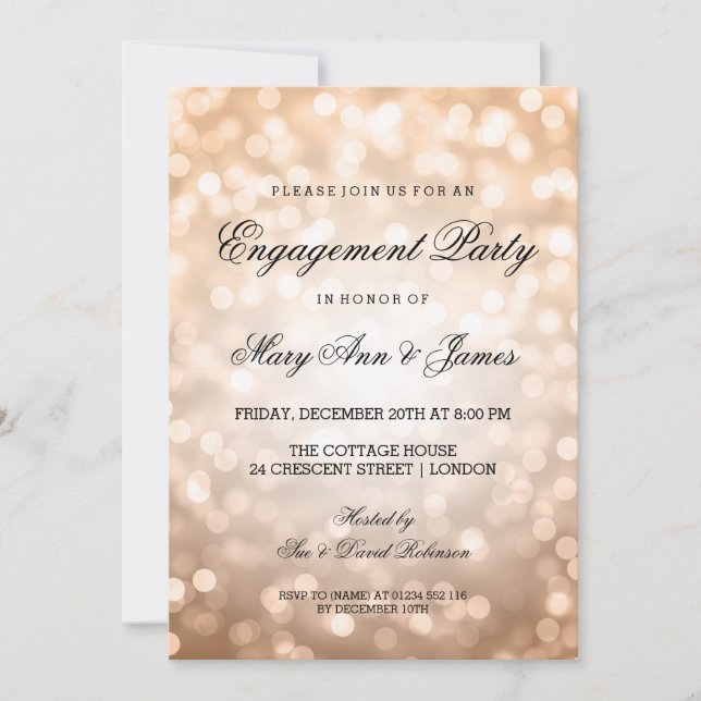 Copper Bokeh Lights Elegant Engagement Party Invitation (Front)
