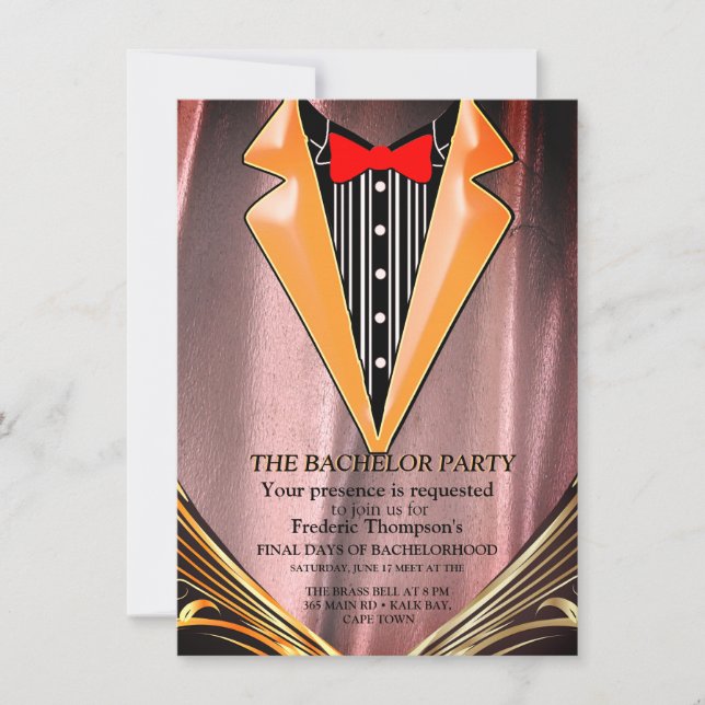 Copper/Brass Satin  & Graphic Bachelor invitation (Front)