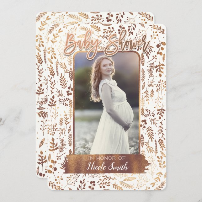 Copper Bronze Gold Foil Modern Baby Shower Photo Invitation (Front/Back)