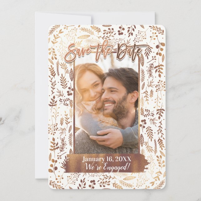 Copper Bronze Gold Foil Modern Save the Date Photo Invitation (Front)