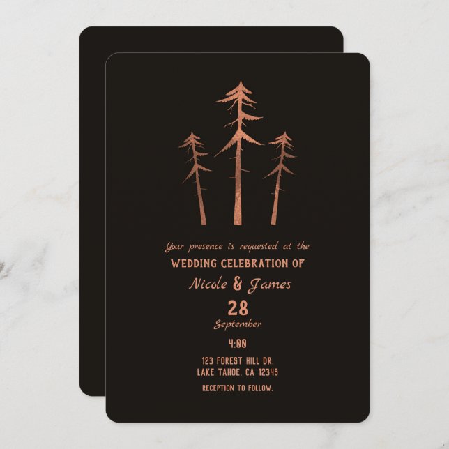 Copper Bronze Tall Pine Trees Rustic Wedding Invitation (Front/Back)
