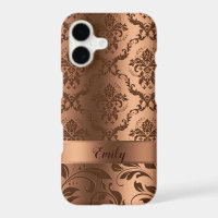 Copper Brown Floral Damasks & Swirls Metallic Look