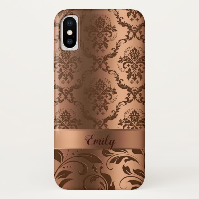 Copper Brown Floral Damasks & Swirls Metallic Look Case-Mate iPhone Case (Back)