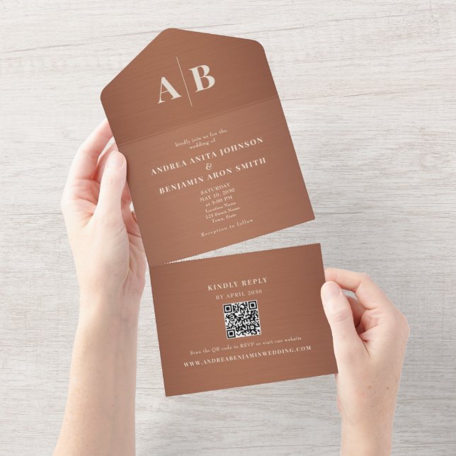Copper Brown QR Wedding All In One Invitation (Tearaway)