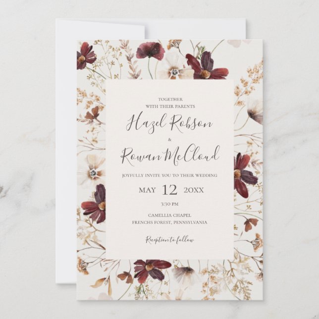 Copper Burgundy Wildflower | Beige All In One Invitation (Front)