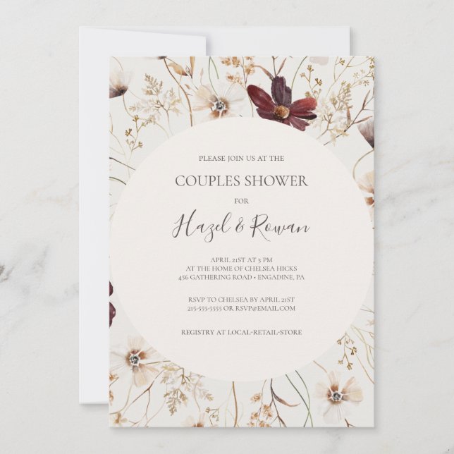 Copper Burgundy Wildflower | Beige Couples Shower Invitation (Front)