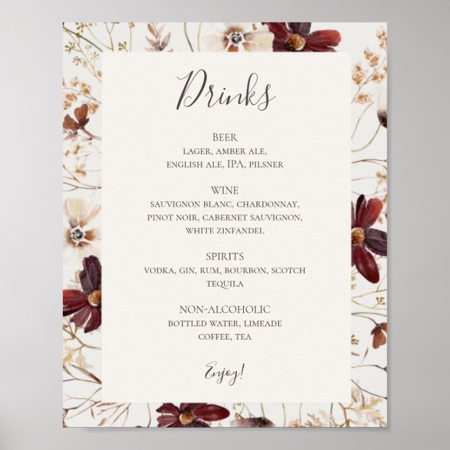 Copper Burgundy Wildflower Beige Drinks Menu Sign (Front)