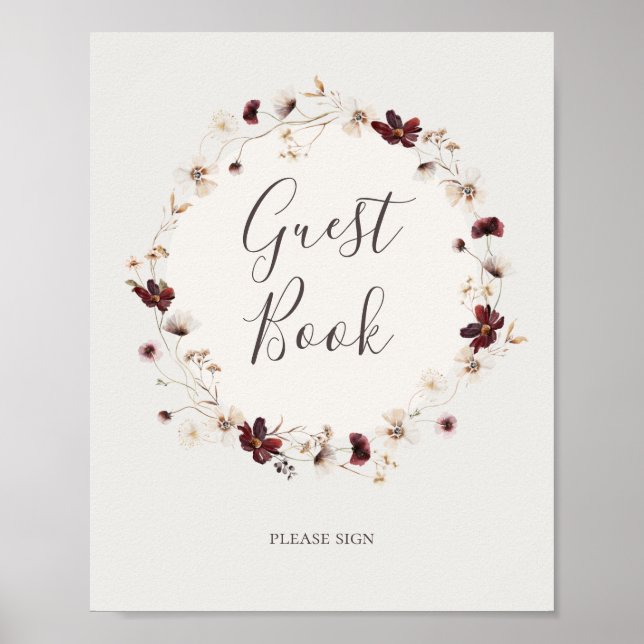 Copper Burgundy Wildflower | Beige Guest Book Sign (Front)