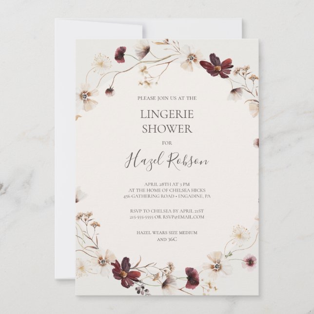 Copper Burgundy Wildflower | Beige Lingerie Shower Invitation (Front)