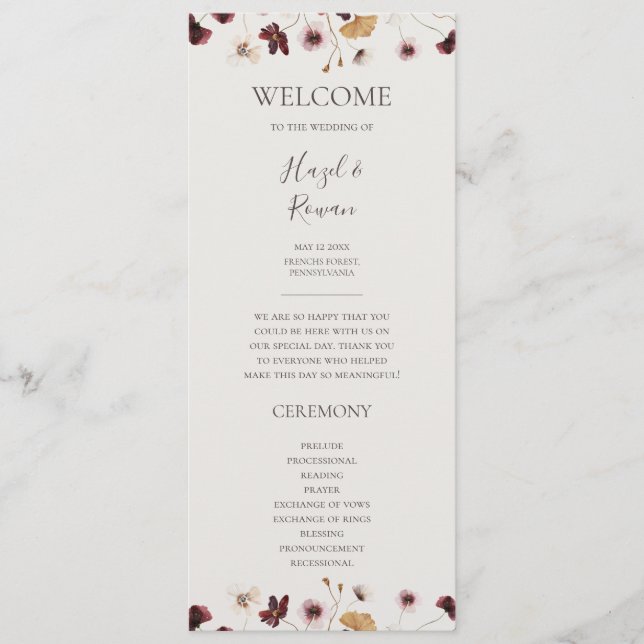 Copper Burgundy Wildflower | Beige Wedding Program (Front)