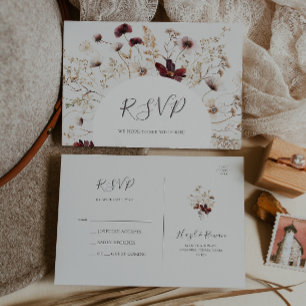 Copper Burgundy Wildflower beige Wedding RSVP Postcard