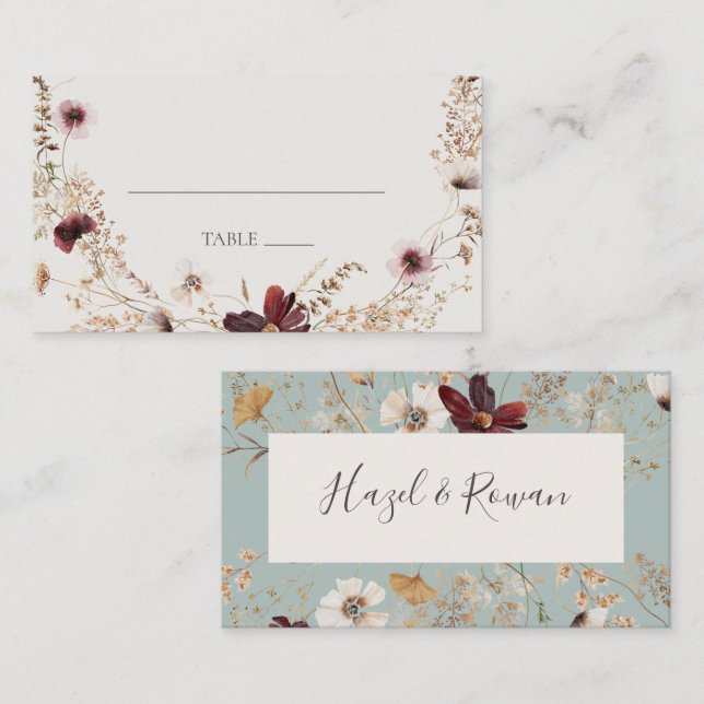 Copper Burgundy Wildflower | Teal Flat Wedding Place Card (Front/Back)