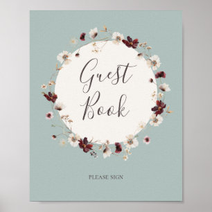 Copper Burgundy Wildflower   Teal Guest Book Sign
