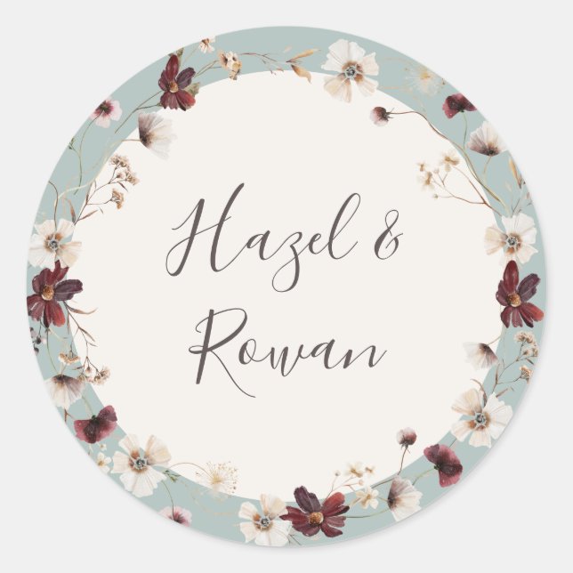 Copper Burgundy Wildflower | Teal Wedding Classic Round Sticker (Front)