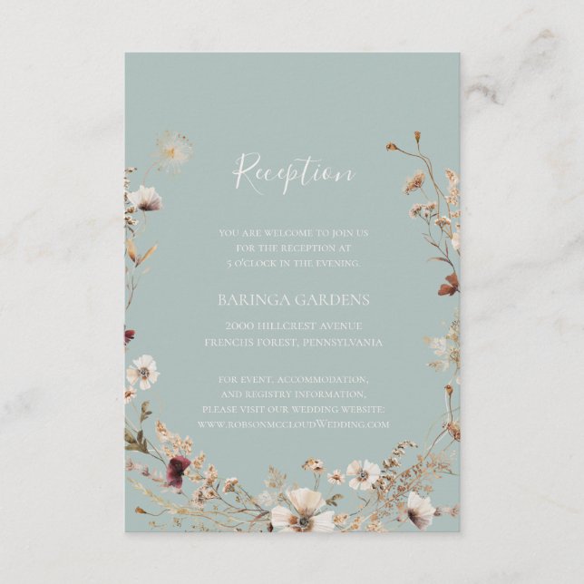 Copper Burgundy Wildflower Teal Wedding Reception Enclosure Card (Front)