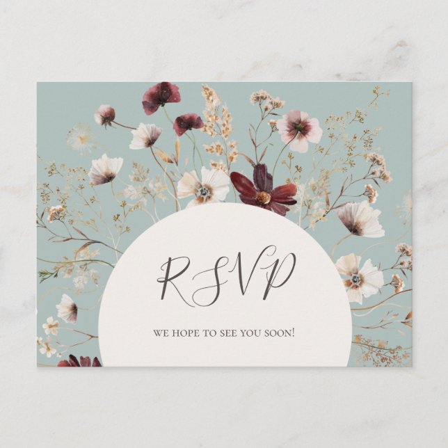 Copper Burgundy Wildflower | Teal Wedding RSVP Postcard (Front)