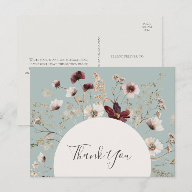 Copper Burgundy Wildflower Teal Wedding Thank You Postcard (Front/Back)