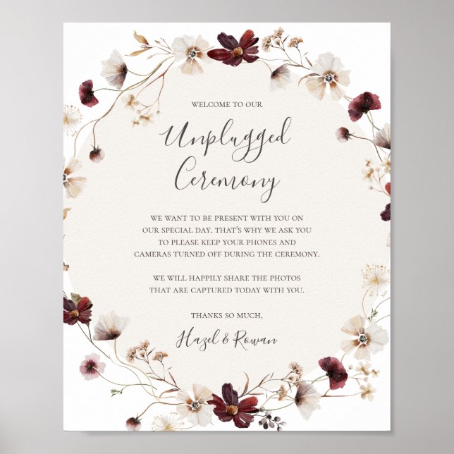 Copper Burgundy Wildflower Unplugged Ceremony Sign (Front)