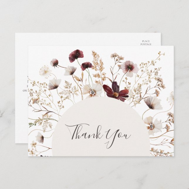 Copper Burgundy Wildflower Wedding Thank You Postcard (Front/Back)