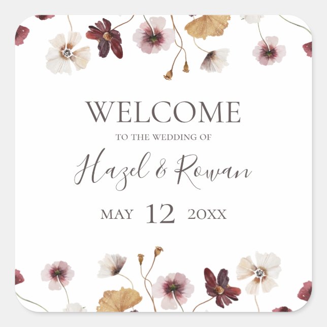 Copper Burgundy Wildflower Wedding Welcome Square  Sticker (Front)