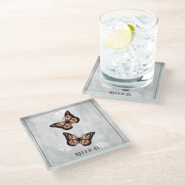 Copper Butterfly Floral Personalised Glass Coaster (Angled)