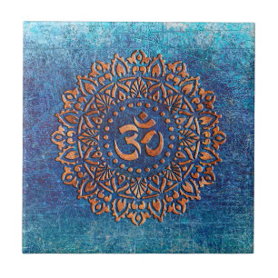 Copper Colour Ohm Symbol Mandala on Blue backgroun Ceramic Tile