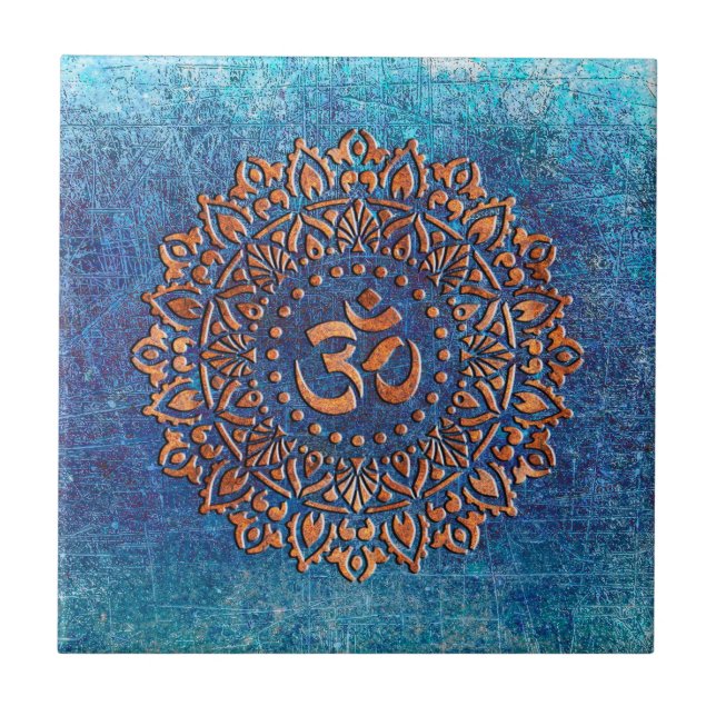 Copper Colour Ohm Symbol Mandala on Blue backgroun Ceramic Tile (Front)