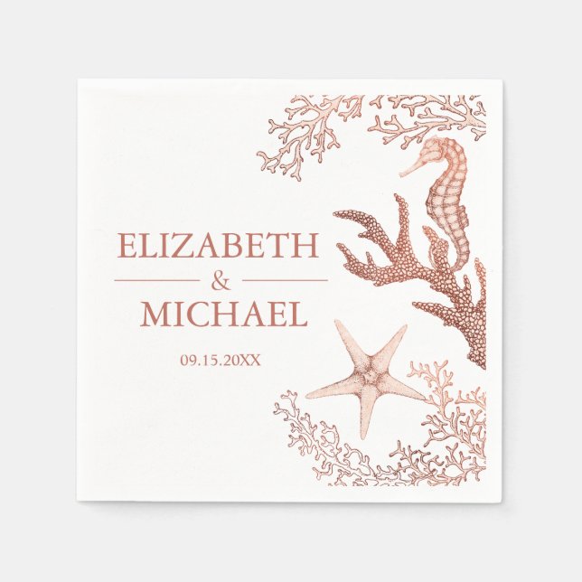 Copper Coral Starfish Seahorse Beach Wedding Napkin (Front)