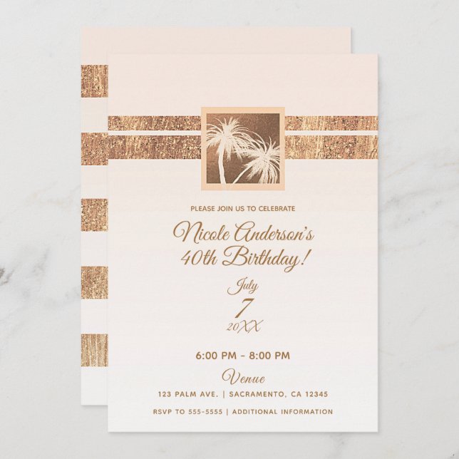 Copper Cream Tropical Palm Trees Modern Birthday Invitation (Front/Back)