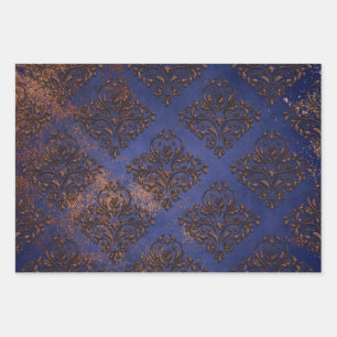 Copper Damask on Purple Blue Wrapping Paper Sheet
