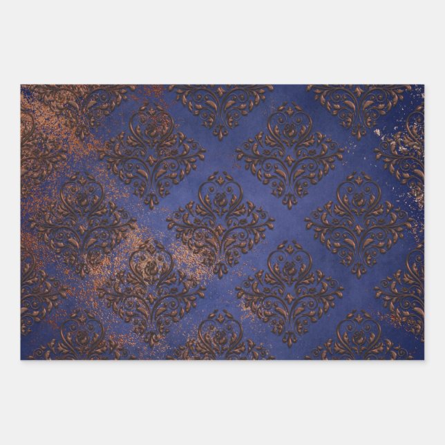Copper Damask on Purple Blue Wrapping Paper Sheet (Front)