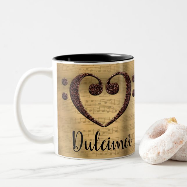 Copper Double Bass Clef Heart Dulcimer Two-Tone Coffee Mug (With Donut)