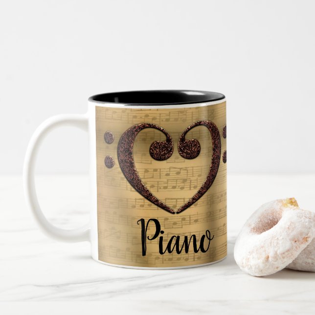 Copper Double Bass Clef Heart Piano Two-Tone Coffee Mug (With Donut)