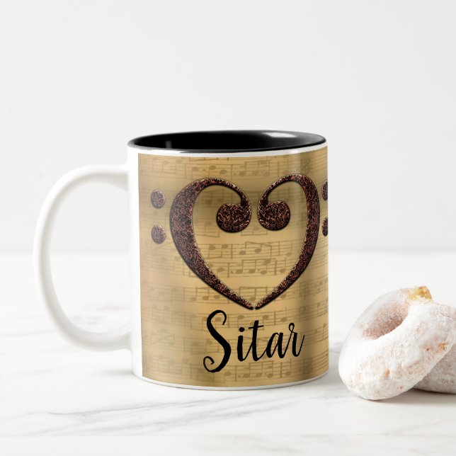 Copper Double Bass Clef Heart Sitar Two-Tone Coffee Mug (With Donut)