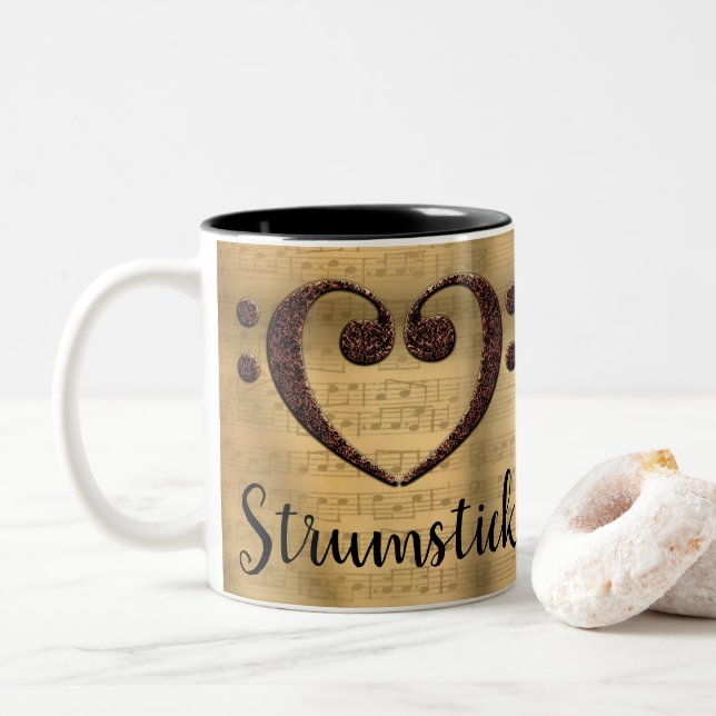 Copper Double Bass Clef Heart Strumstick Two-Tone Coffee Mug (With Donut)