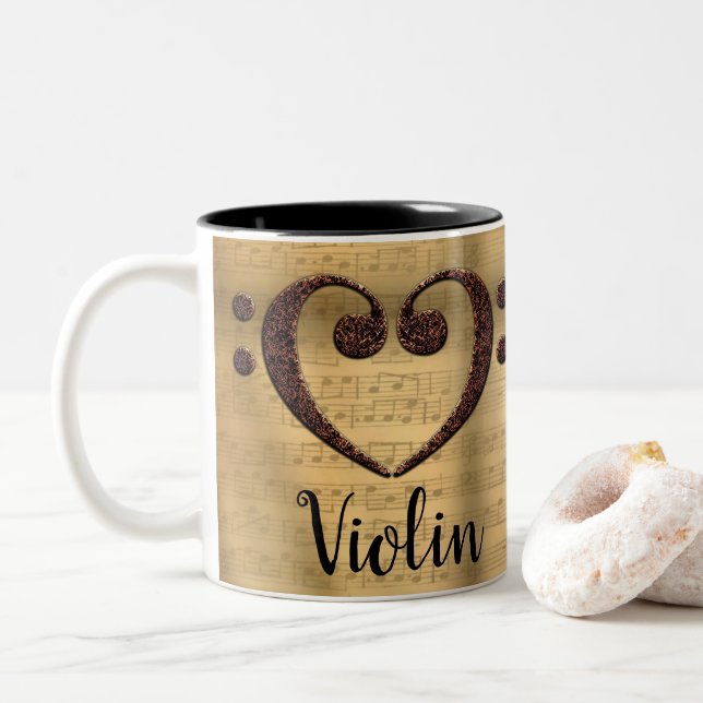 Copper Double Bass Clef Heart Violin Two-Tone Coffee Mug (With Donut)