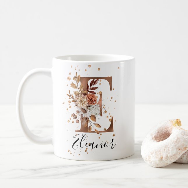 Copper Floral Letter E Monogram Coffee Mug (With Donut)