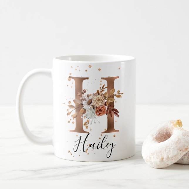 Copper Floral Letter H Monogram Coffee Mug (With Donut)