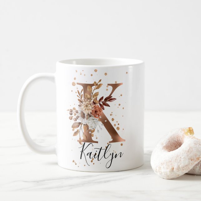 Copper Floral Letter K Monogram Coffee Mug (With Donut)