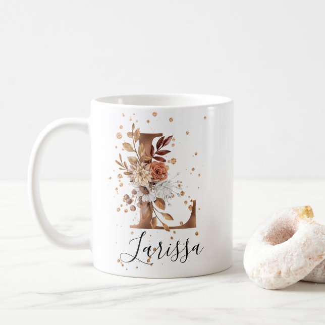 Copper Floral Letter L Monogram Coffee Mug (With Donut)
