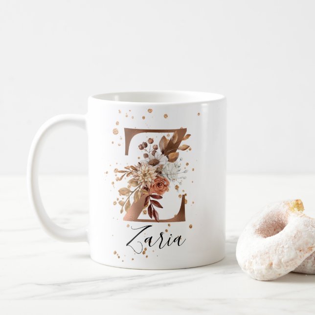 Copper Floral Letter Z Monogram Coffee Mug (With Donut)
