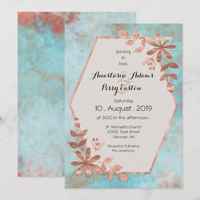 Copper Floral on Teal Watercolor Wedding Invitation (Front/Back)